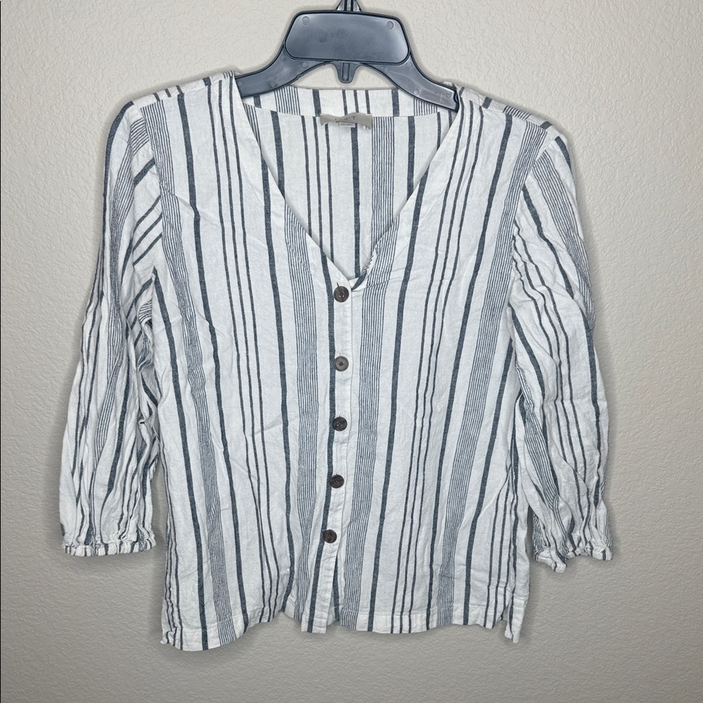 LOFT Black and White Striped Button-Down Shirt